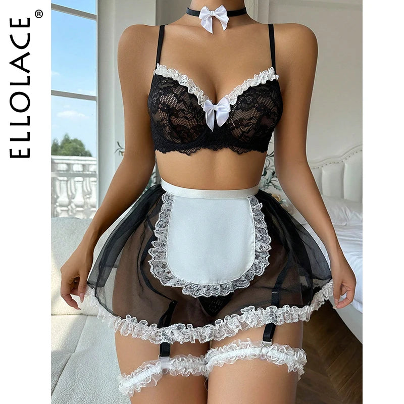 Ellolace Maid Lingerie Sexy Erotic Outfits Fancy Lace Bowknot Bra Kit Push Up Sheer Mesh Skirt See Through Sissy Intimate