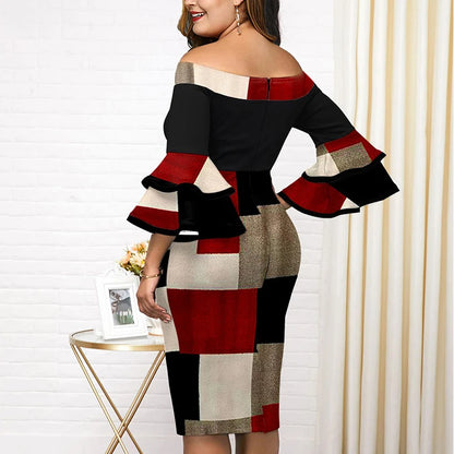 Autumn Winter Fashion Casual Simple Design Hip Package Dress Women Flying Sleeves Plaid Print Plus Size Elegant Bodycon Dress