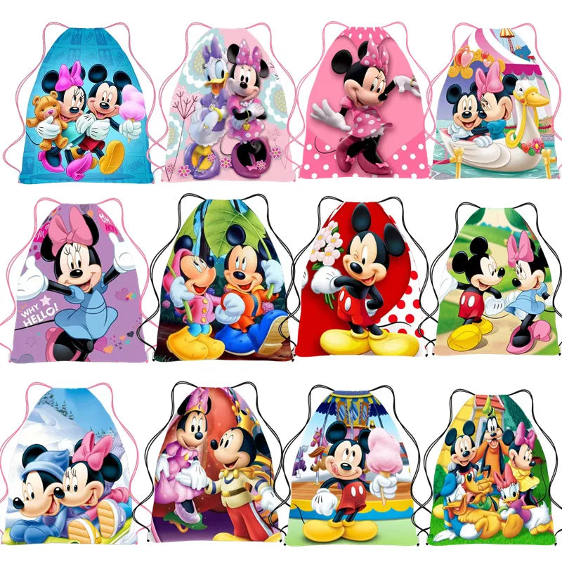 6/24pcs Disney The Red Minnie Mickey Mouse Birthday Party Gifts Non-woven Drawstring Bags Kids Favor Swimming School Backpacks