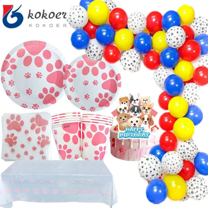 1set Pink Dog Girl Birthday Party Supplies Dog Paw Print Plates Cups Napkins Balloon Happy Birthday Banner Cake Topper Decorate