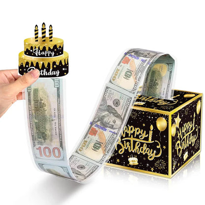 Birthday Money Box For Cash Gift Pull Black And Golden Banknote Roll-up Surprise Box Party Decoration With Cake Card For Friends