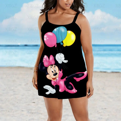 Plus Size Dresses Loose Summer Outfits Woman 2022 Boho Chic Elegant Dress Cartoon Women Sleeveless Sexy Print Disney Mickey New