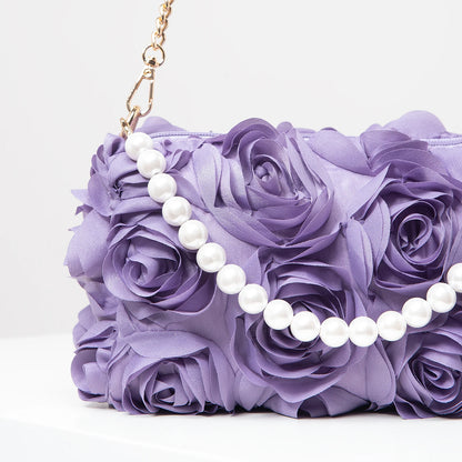 Elegant rose Flower dinner bag, Faux pearl handbag, metal chain crossbody bag, bridal bag (random pattern)