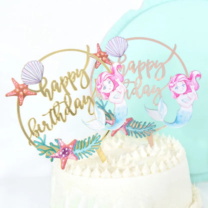 Happy Birthday Acrylic Cake Insert Card Marine Mermaid Starfish Letter Cake Toppers Birthday Party Bake Decoration Supplies