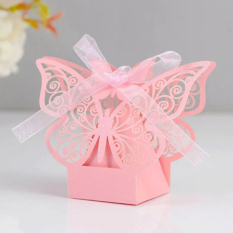 10pcs Laser Cut Hollow Candy Box Gold Pink Butterfly Gift Favors Packaging with Ribbons Wedding Party Decor Baby Shower Supplies