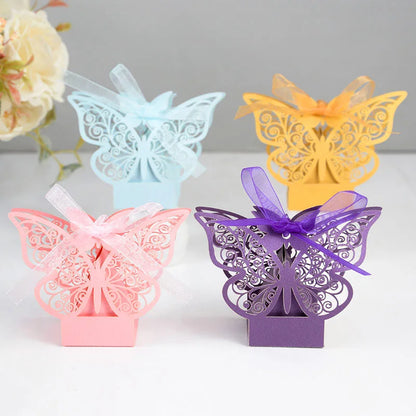 10pcs Laser Cut Hollow Candy Box Gold Pink Butterfly Gift Favors Packaging with Ribbons Wedding Party Decor Baby Shower Supplies