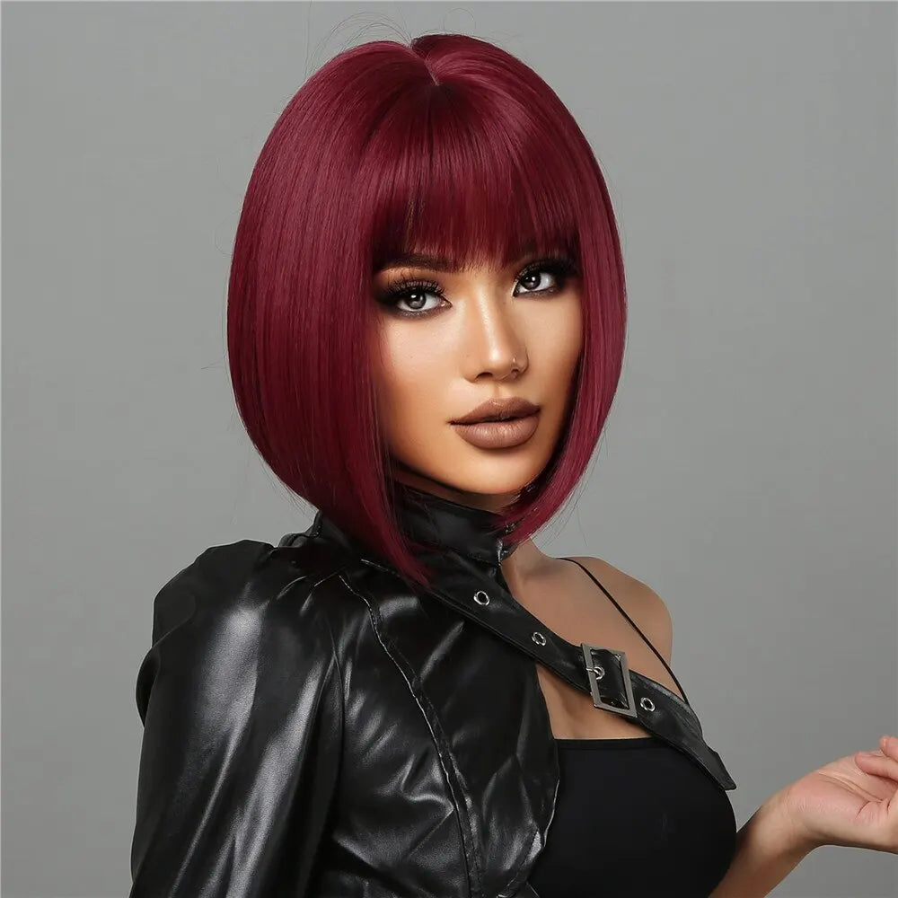 Short Wine Red Bob Wigs For Women Burgundy Bob Wigs With Thick Bangs Heat Resistant Synthetic Wig