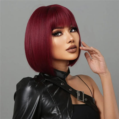 Short Wine Red Bob Wigs For Women Burgundy Bob Wigs With Thick Bangs Heat Resistant Synthetic Wig