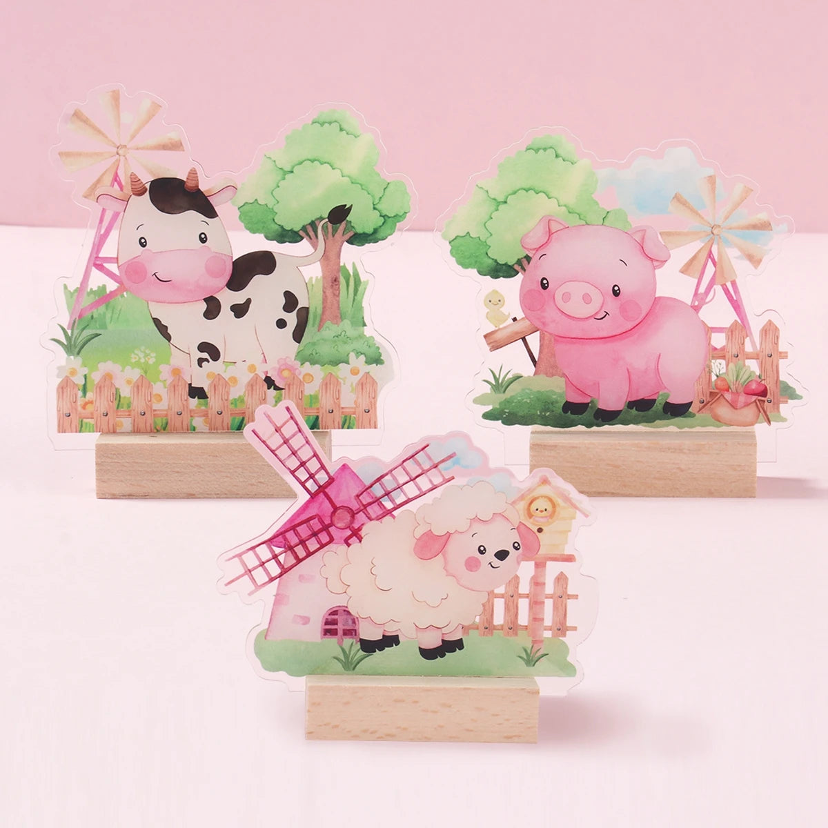 3pcs Pink Farm Acrylic Ornaments Wooden Base Farm Birthday Party Decorations Table Kids Favors Gifts Girls Baby Shower Supplies