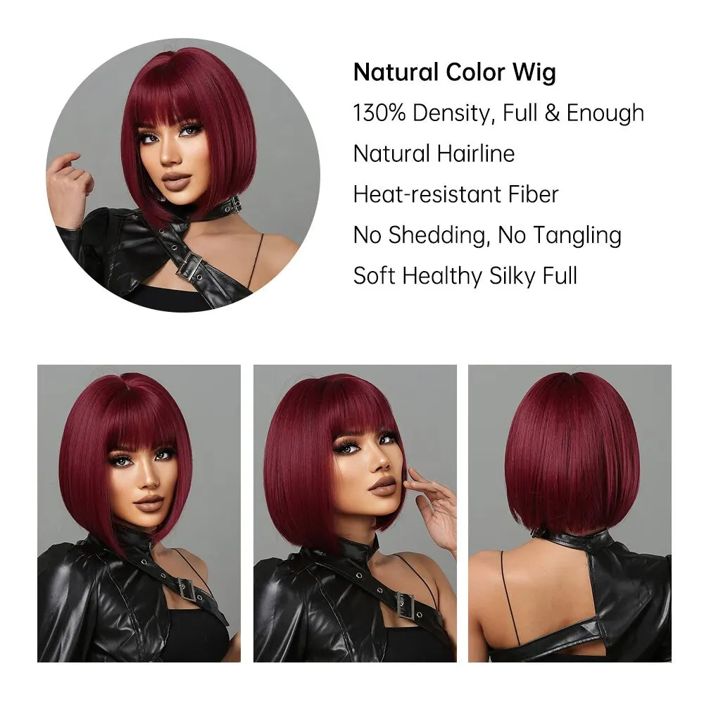 Short Wine Red Bob Wigs For Women Burgundy Bob Wigs With Thick Bangs Heat Resistant Synthetic Wig