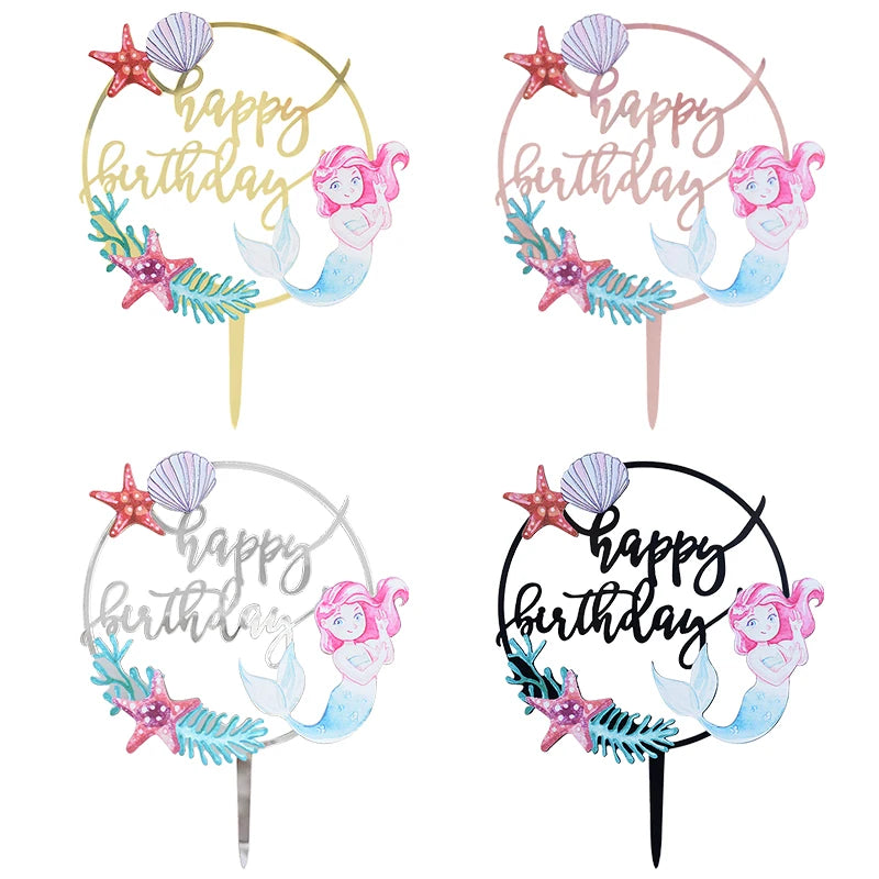 Happy Birthday Acrylic Cake Insert Card Marine Mermaid Starfish Letter Cake Toppers Birthday Party Bake Decoration Supplies