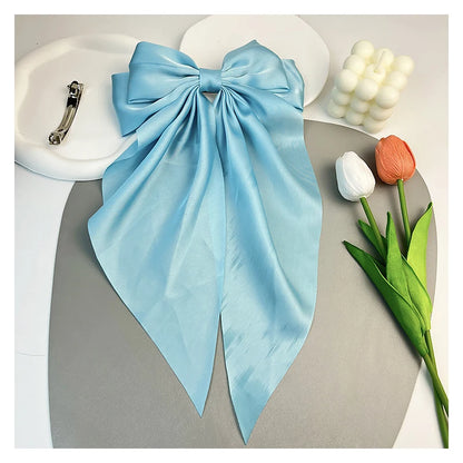 Solid Color Long Large Bow Hairpin With Long Floating Back Of Head And Temperament Satin Spring Clip