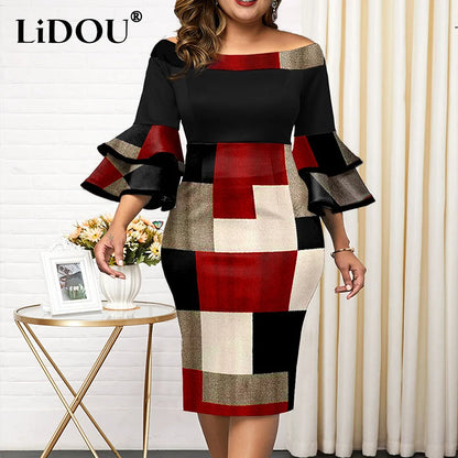 Autumn Winter Fashion Casual Simple Design Hip Package Dress Women Flying Sleeves Plaid Print Plus Size Elegant Bodycon Dress