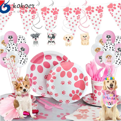 1set Pink Dog Girl Birthday Party Supplies Dog Paw Print Plates Cups Napkins Balloon Happy Birthday Banner Cake Topper Decorate