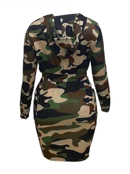 LW Plus Size Camo Print Side Pocket Cargo Dress V Neck Hooded Sweatshirt Long Sleeve Casual Dress Womens Lace-Up Pullover Dress