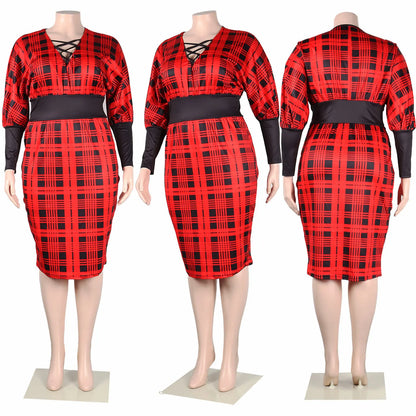 Plus Size Dresses Autumn Plaid Printed Long Sleeve Bodycon Elegant Dress Office Lady Sexy Vestidos Evening Party Robes 2023