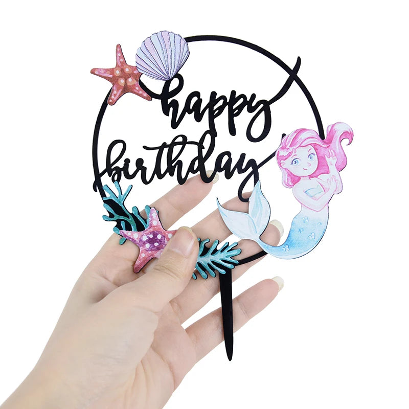 Happy Birthday Acrylic Cake Insert Card Marine Mermaid Starfish Letter Cake Toppers Birthday Party Bake Decoration Supplies