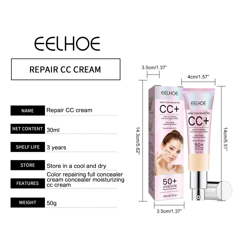 EELHOE Foundation CC Cream Waterproof Concealer Full Coverage Natural Oil-Control Whitening Cosmetics Long Lasting SPF 50 Makeup