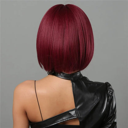 Short Wine Red Bob Wigs For Women Burgundy Bob Wigs With Thick Bangs Heat Resistant Synthetic Wig