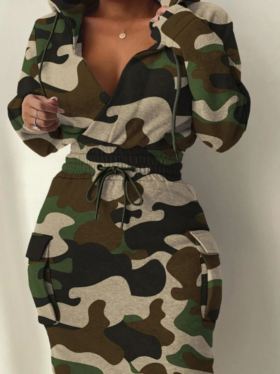 LW Plus Size Camo Print Side Pocket Cargo Dress V Neck Hooded Sweatshirt Long Sleeve Casual Dress Womens Lace-Up Pullover Dress