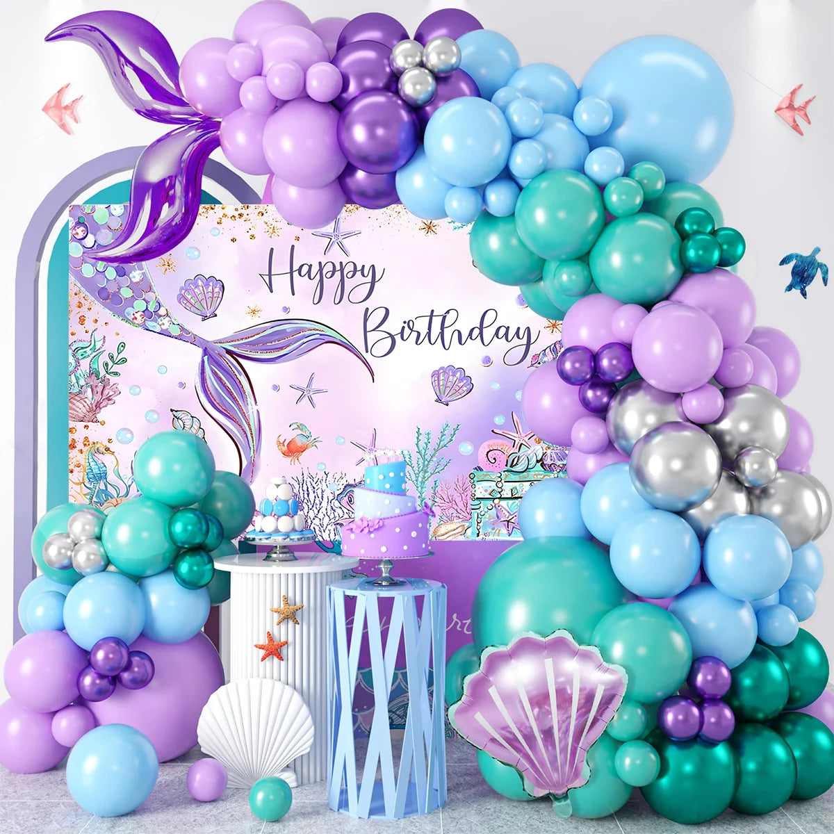 Little Mermaid Party Decorations Balloons Garland Arch Mermaid Tail Backdrop Set 1st Birthday Decoration Girl Party Supplies