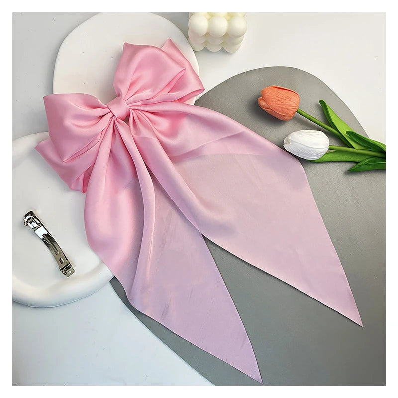 Solid Color Long Large Bow Hairpin With Long Floating Back Of Head And Temperament Satin Spring Clip