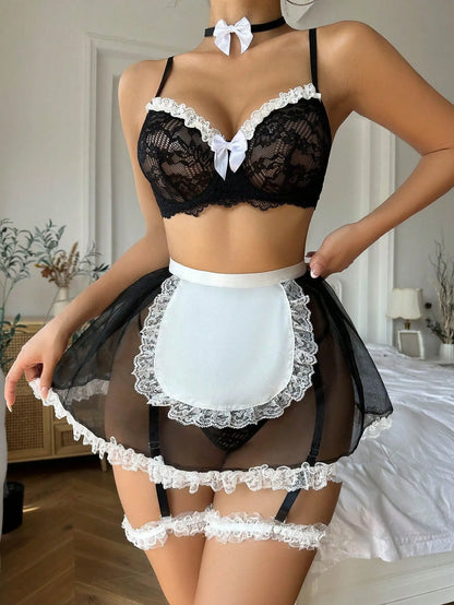 Ellolace Maid Lingerie Sexy Erotic Outfits Fancy Lace Bowknot Bra Kit Push Up Sheer Mesh Skirt See Through Sissy Intimate