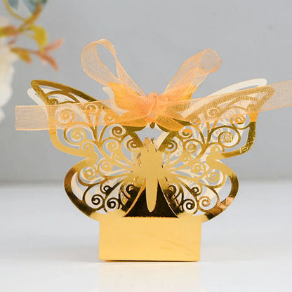 10pcs Laser Cut Hollow Candy Box Gold Pink Butterfly Gift Favors Packaging with Ribbons Wedding Party Decor Baby Shower Supplies