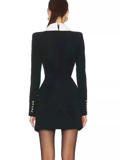 Sexy Lapel Long Sleeve Buttons Bandage Dress Women Black Parchwork White Single Breasted Mini Bodycon Dresses Elegant Evening