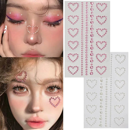 3D Face Jewelry Crystal Diamond Tattoo Stickers DIY Women Eyes Face Body Pink Heart Pearl Rhinestones 3D Makeup Art Stage