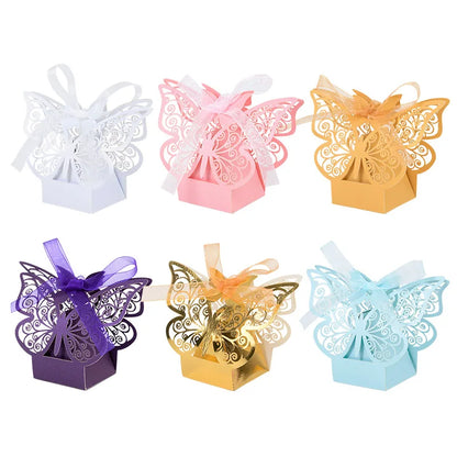 10pcs Laser Cut Hollow Candy Box Gold Pink Butterfly Gift Favors Packaging with Ribbons Wedding Party Decor Baby Shower Supplies