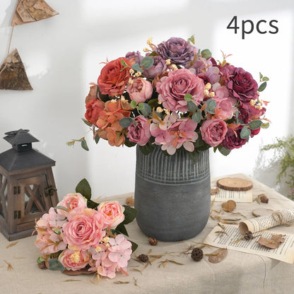 Artificial Flowers with Hydrangea  Silk Fake Flowers 1 Bouquets for Home