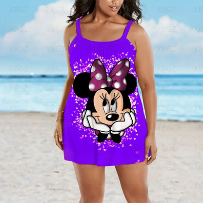 Plus Size Dresses Loose Summer Outfits Woman 2022 Boho Chic Elegant Dress Cartoon Women Sleeveless Sexy Print Disney Mickey New