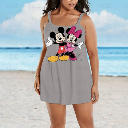 Plus Size Dresses Loose Summer Outfits Woman 2022 Boho Chic Elegant Dress Cartoon Women Sleeveless Sexy Print Disney Mickey New