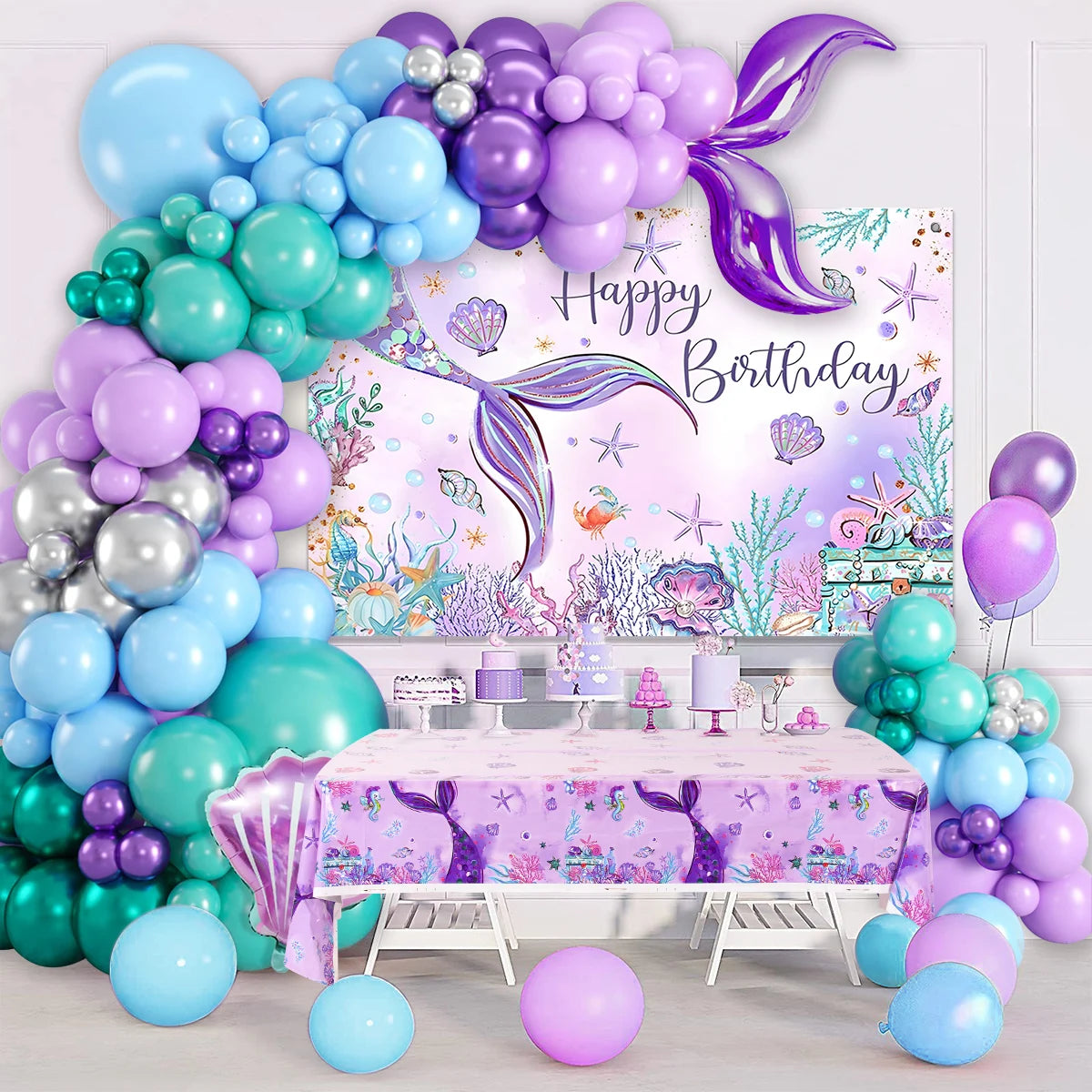 Little Mermaid Party Decorations Balloons Garland Arch Mermaid Tail Backdrop Set 1st Birthday Decoration Girl Party Supplies