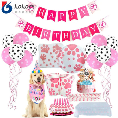 1set Pink Dog Girl Birthday Party Supplies Dog Paw Print Plates Cups Napkins Balloon Happy Birthday Banner Cake Topper Decorate