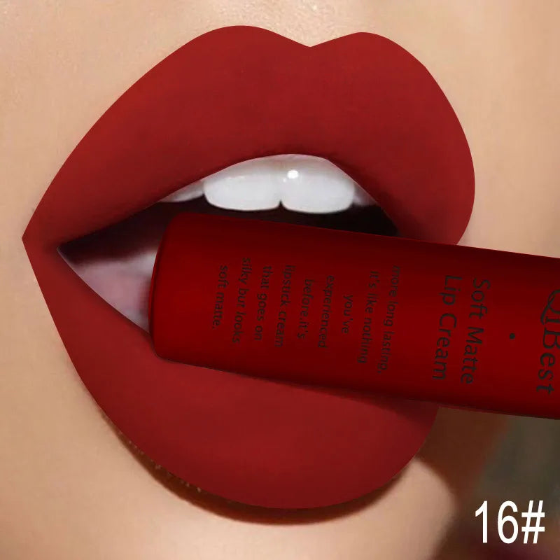 QIBEST Nude Matte Liquid Lipstick Waterproof Long-lasting Lipgloss Velvet Sexy Red Lip Glaze Tint Black Lipstick LipStain Makeup