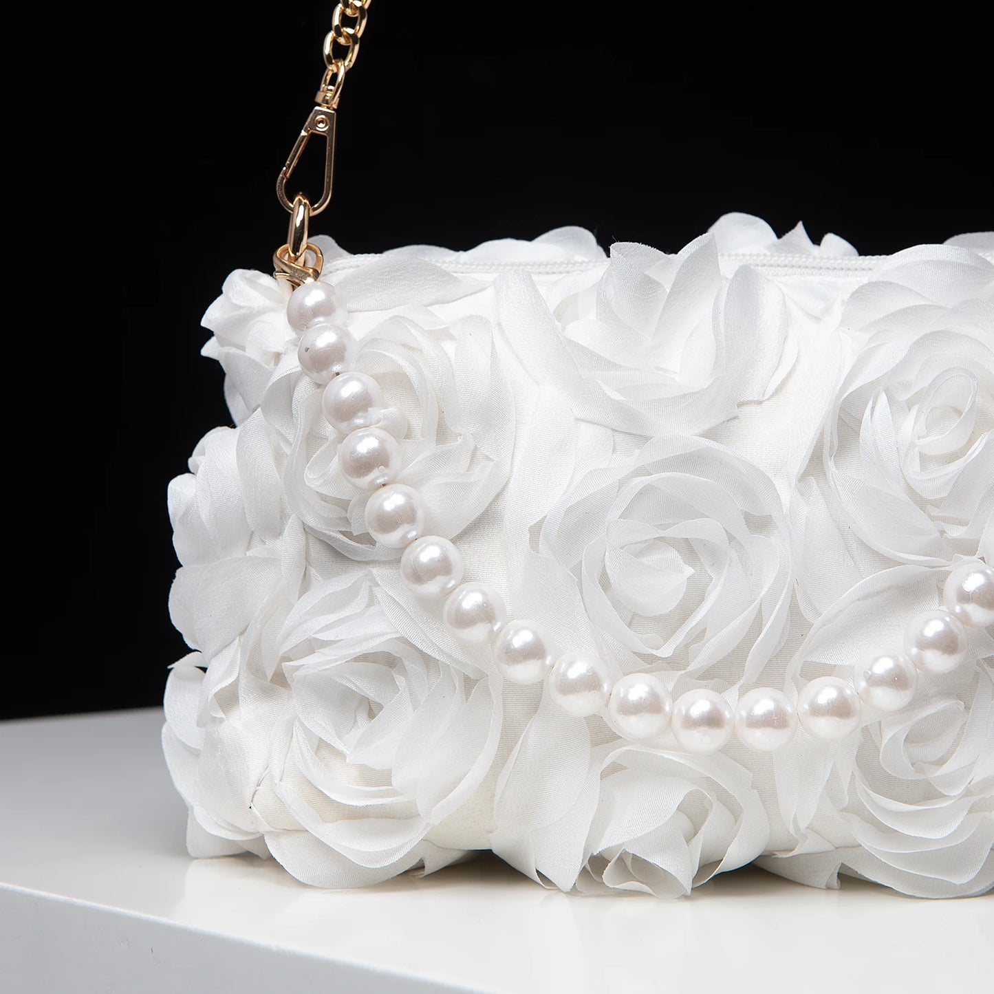 Elegant rose Flower dinner bag, Faux pearl handbag, metal chain crossbody bag, bridal bag (random pattern)