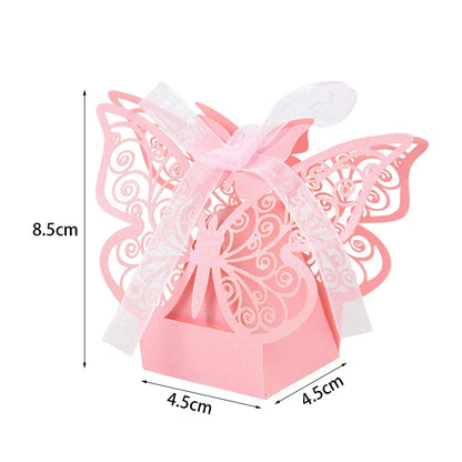 10pcs Laser Cut Hollow Candy Box Gold Pink Butterfly Gift Favors Packaging with Ribbons Wedding Party Decor Baby Shower Supplies