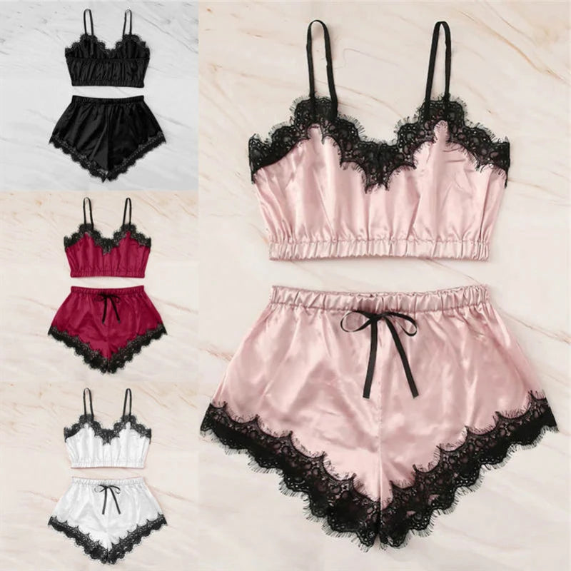 1set Lingerie Sexy Bra Set Women's Sleepwear Sleeveless Strap Lace Trim Satin Cami Tops Pajama Sets Bras Women Brief Sets