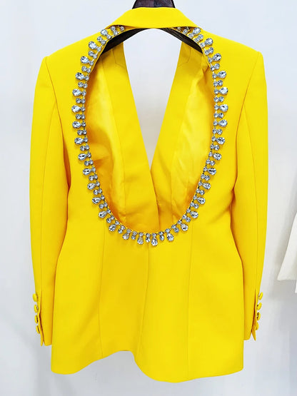 Designer Jacket Women's Rhinestone Diamonds Beaded Backless Long Blazer