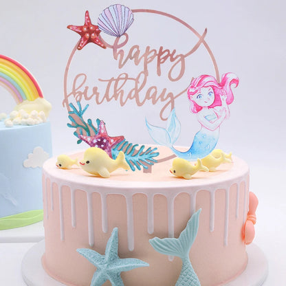 Happy Birthday Acrylic Cake Insert Card Marine Mermaid Starfish Letter Cake Toppers Birthday Party Bake Decoration Supplies