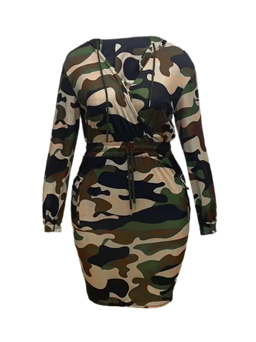 LW Plus Size Camo Print Side Pocket Cargo Dress V Neck Hooded Sweatshirt Long Sleeve Casual Dress Womens Lace-Up Pullover Dress