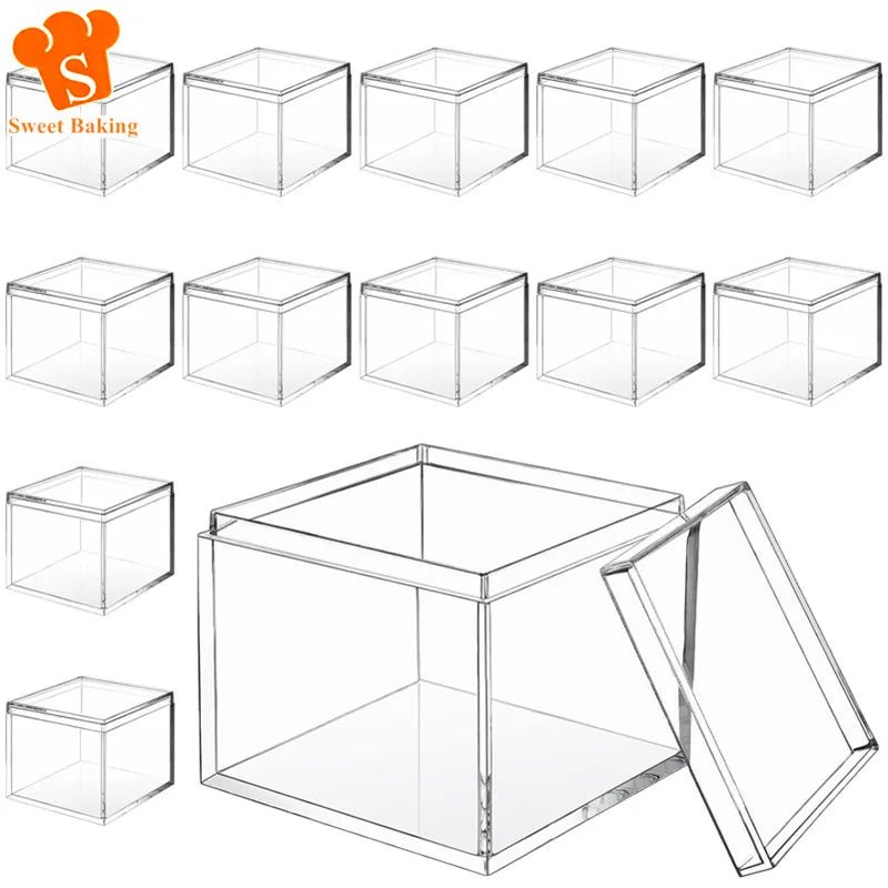 12Pc Clear Acrylic Candy Box Transparent Plastic Square Cube Cake Dessert Box Chocolate Packaging Storage Containers Display Box