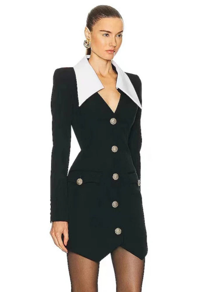 Sexy Lapel Long Sleeve Buttons Bandage Dress Women Black Parchwork White Single Breasted Mini Bodycon Dresses Elegant Evening