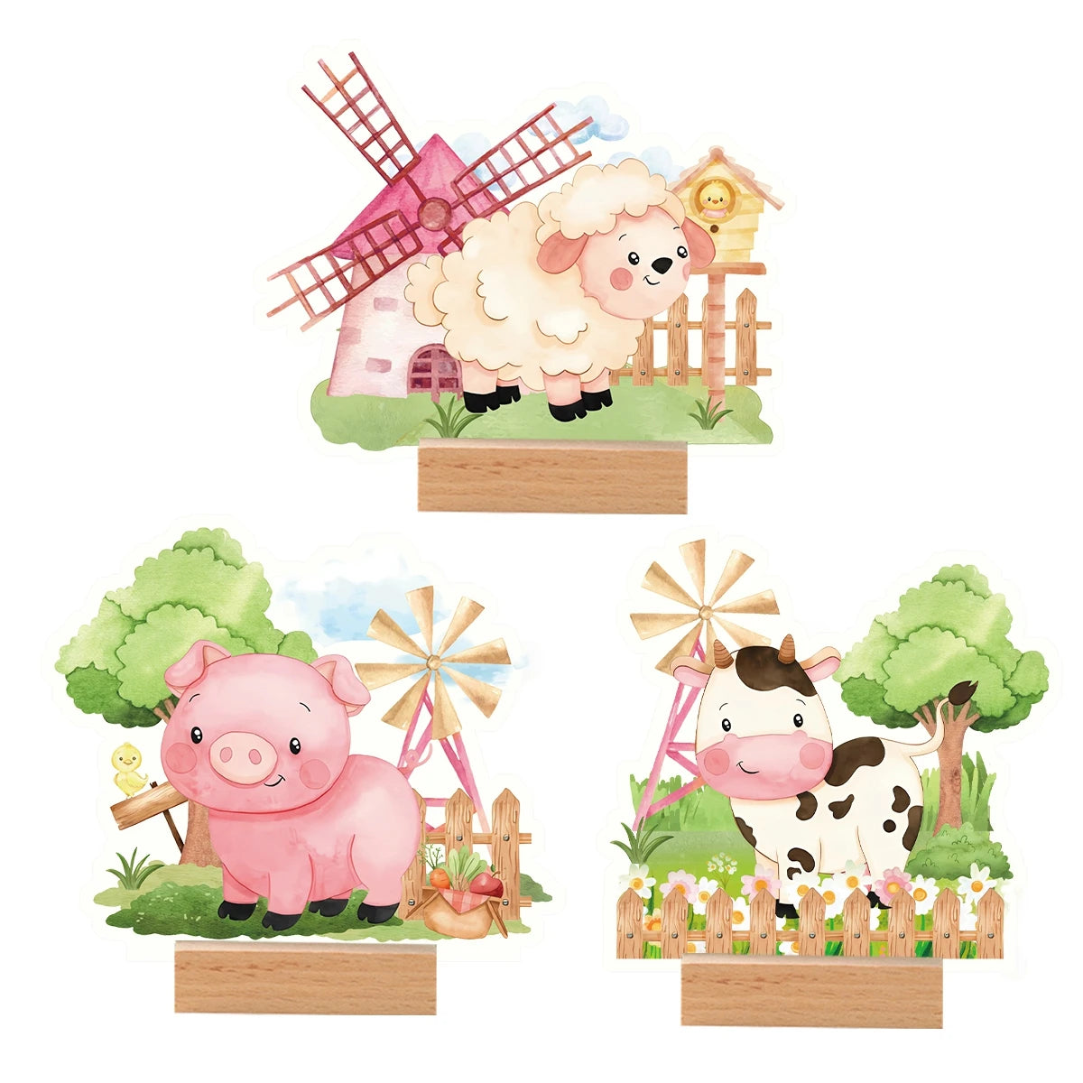 3pcs Pink Farm Acrylic Ornaments Wooden Base Farm Birthday Party Decorations Table Kids Favors Gifts Girls Baby Shower Supplies