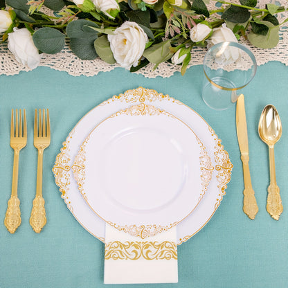 700 PCS Gold&Silver Plastic Plates - Gold Plastic Dinnerware Sets For 100 Guests - 200 Gold Disposable Plates, 300 Gold Plastic Silverware, 100 Cups, 100 Napkins For Wedding & Party