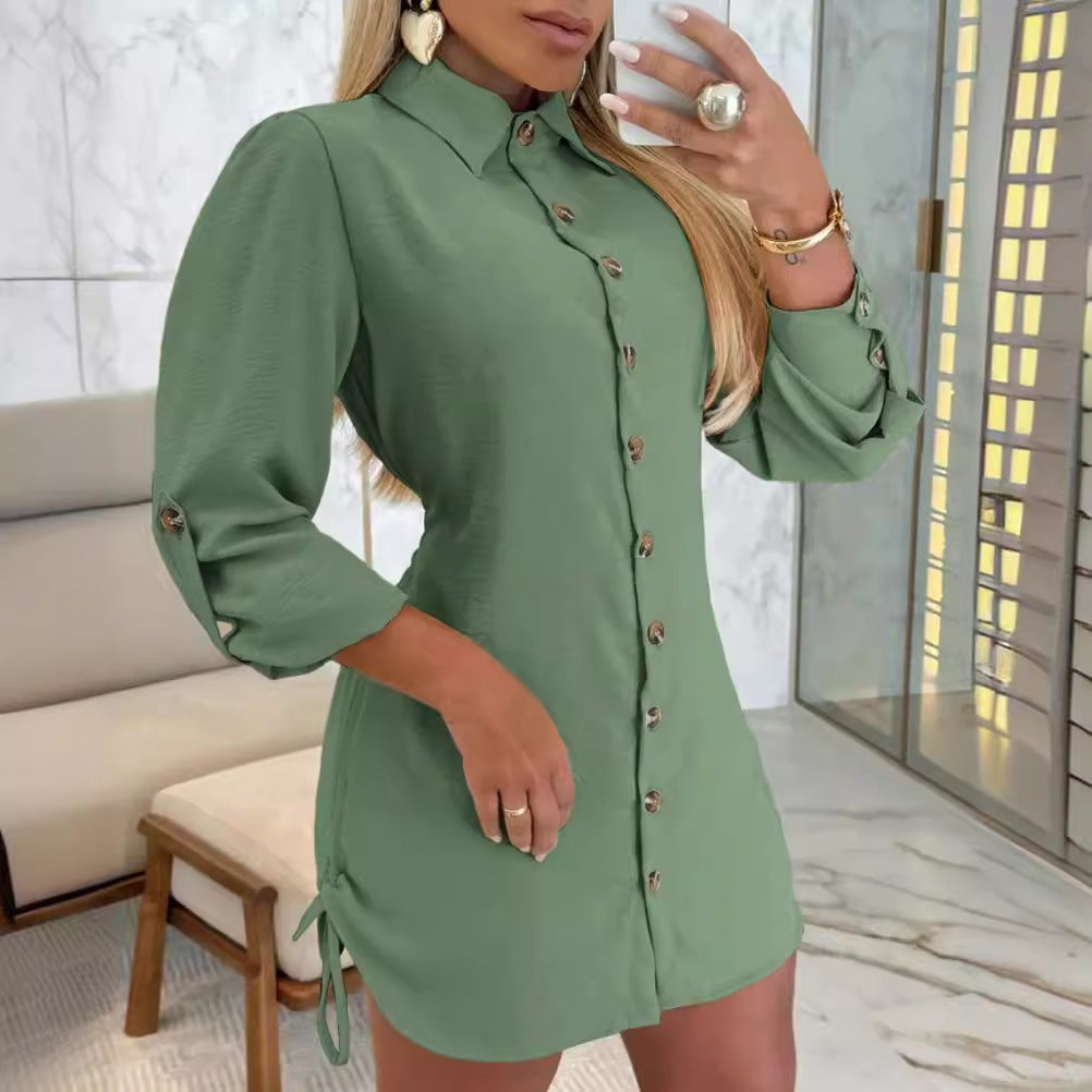 Fashion Personality Drawstring Solid Color Dress Women