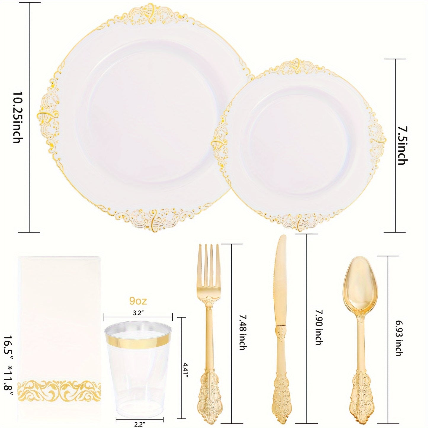 700 PCS Gold&Silver Plastic Plates - Gold Plastic Dinnerware Sets For 100 Guests - 200 Gold Disposable Plates, 300 Gold Plastic Silverware, 100 Cups, 100 Napkins For Wedding & Party