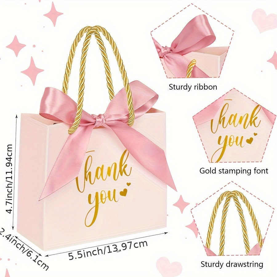 12pcs Pink Thank You Gift Bags with Handles - Perfect for Weddings, Birthdays & Parties | 5.5"x2.5"x4.7" Mini Paper Favor Bags with Ribbon